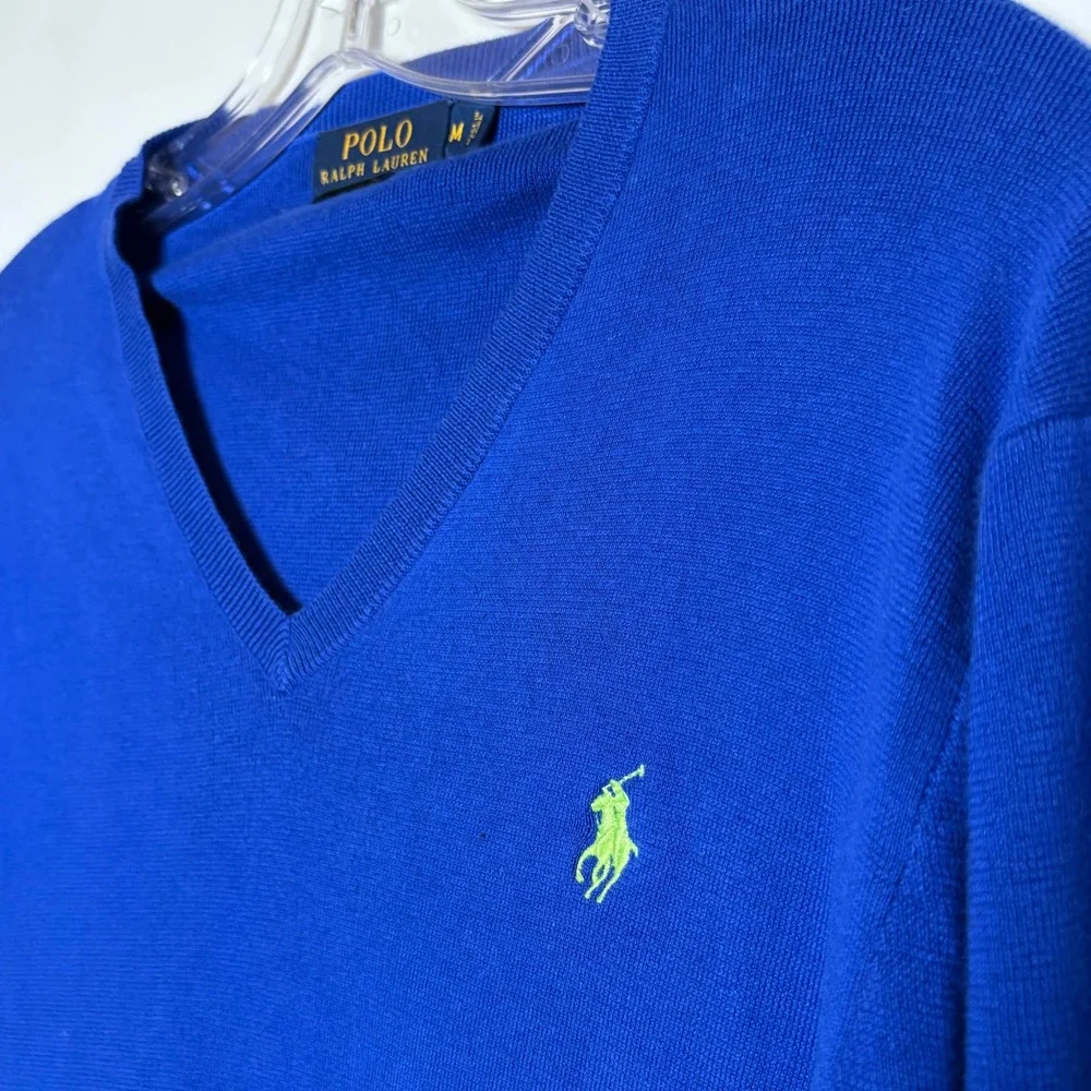 Polo Ralph Lauren Mens Royal Blue‎ Pima Cotton V-Neck Sweater Lime Pony Size M